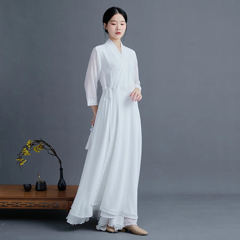 Chiffon Chinese Style Hanfu Dress Cheongsam Women Modern Improve Eleganti Long Qipao Spring Autumn Vintage Female Zen Clothing