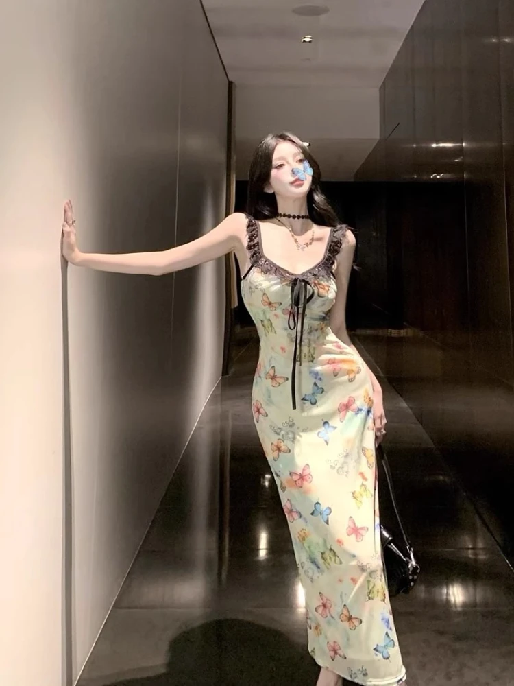 2025 Pure Desire Farfalla Lace Trim Senza maniche Cinghie Abito Sexy Hot Girl Dolce piccante Vita aderente Estate Chic Abito slim fit