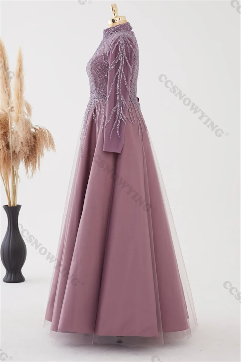 Robes de soirée musulmanes perlées pour femmes, appliques en tulle, manches longues, col haut, Hijab, robe de soirée formelle, arabe, Dubaï