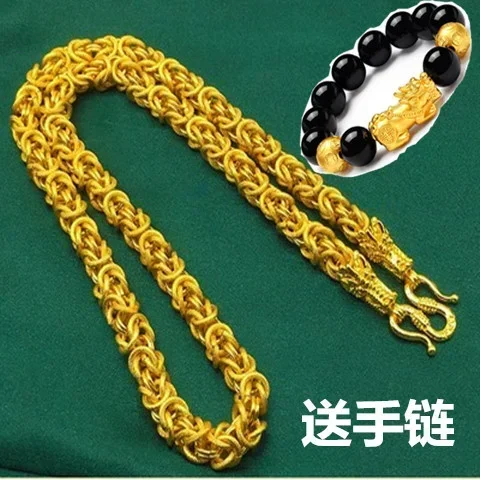 

New Pure 24k Thai Large 100% Real 999 Gold Plated 18k Chain Dragon Head Wide Necklace 70cm Long For Male For Women's Gifts