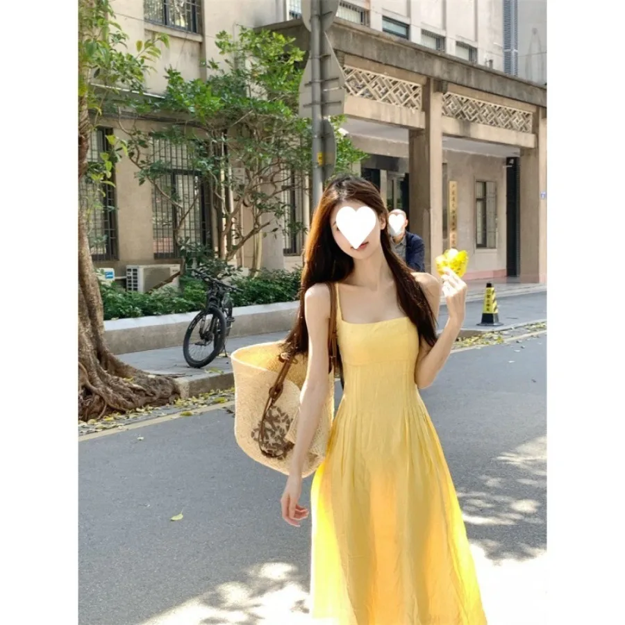 

【New style】French small suspender dress women's clothing summer new style waist waist temperament long dress seaside vacation d