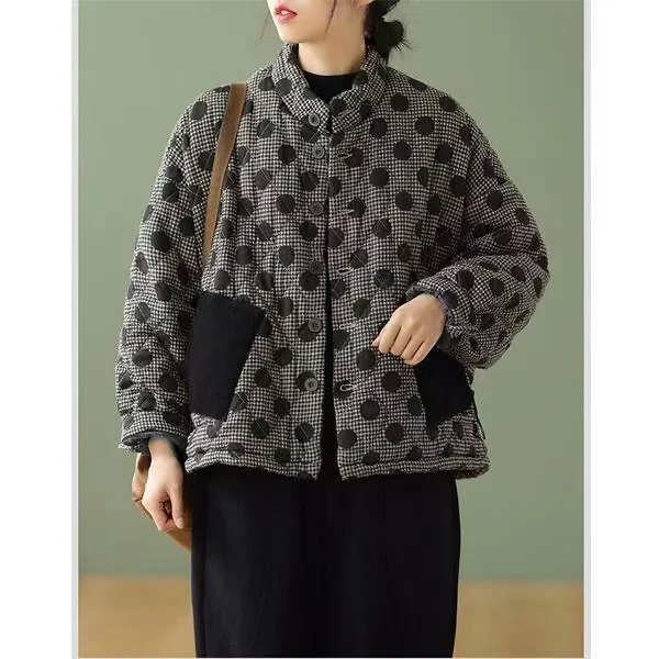New 2025 Chinses Designer Women Warm Ladies Loose Dot Winter Jackets Female Printed Padded Vintage Streetwear Plus Size