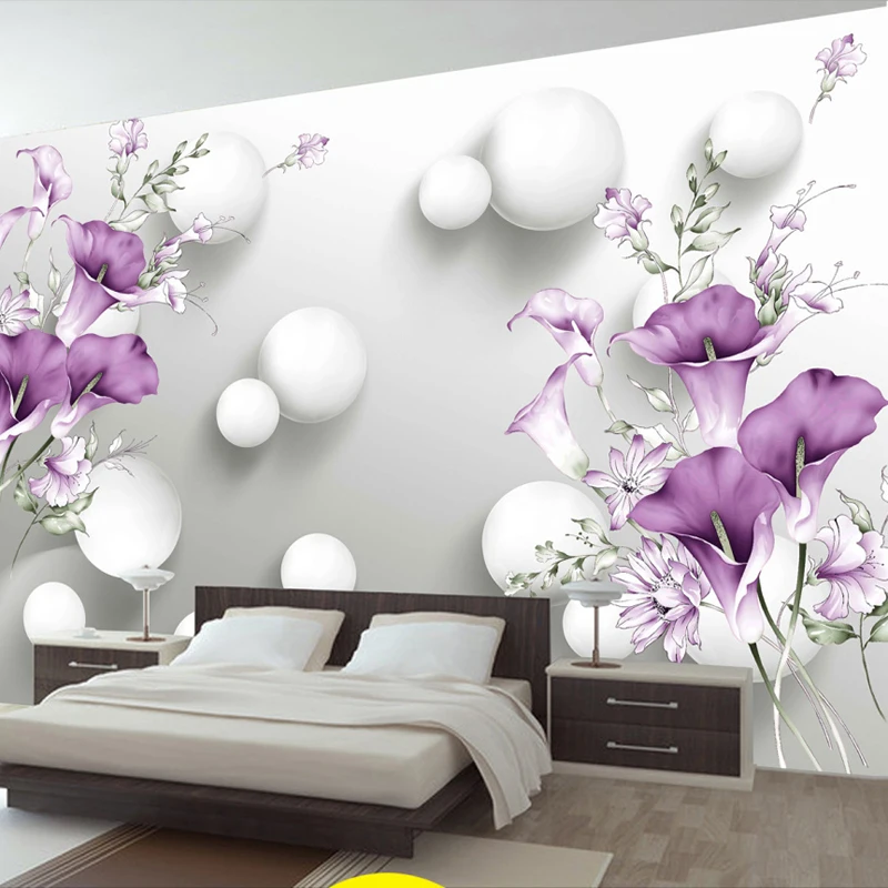 Customized products Wallpaper 3D Stereo Circle Ball Purple Calla Flowers Mural Modern Bedroom Living Room TV Background Wall 8d