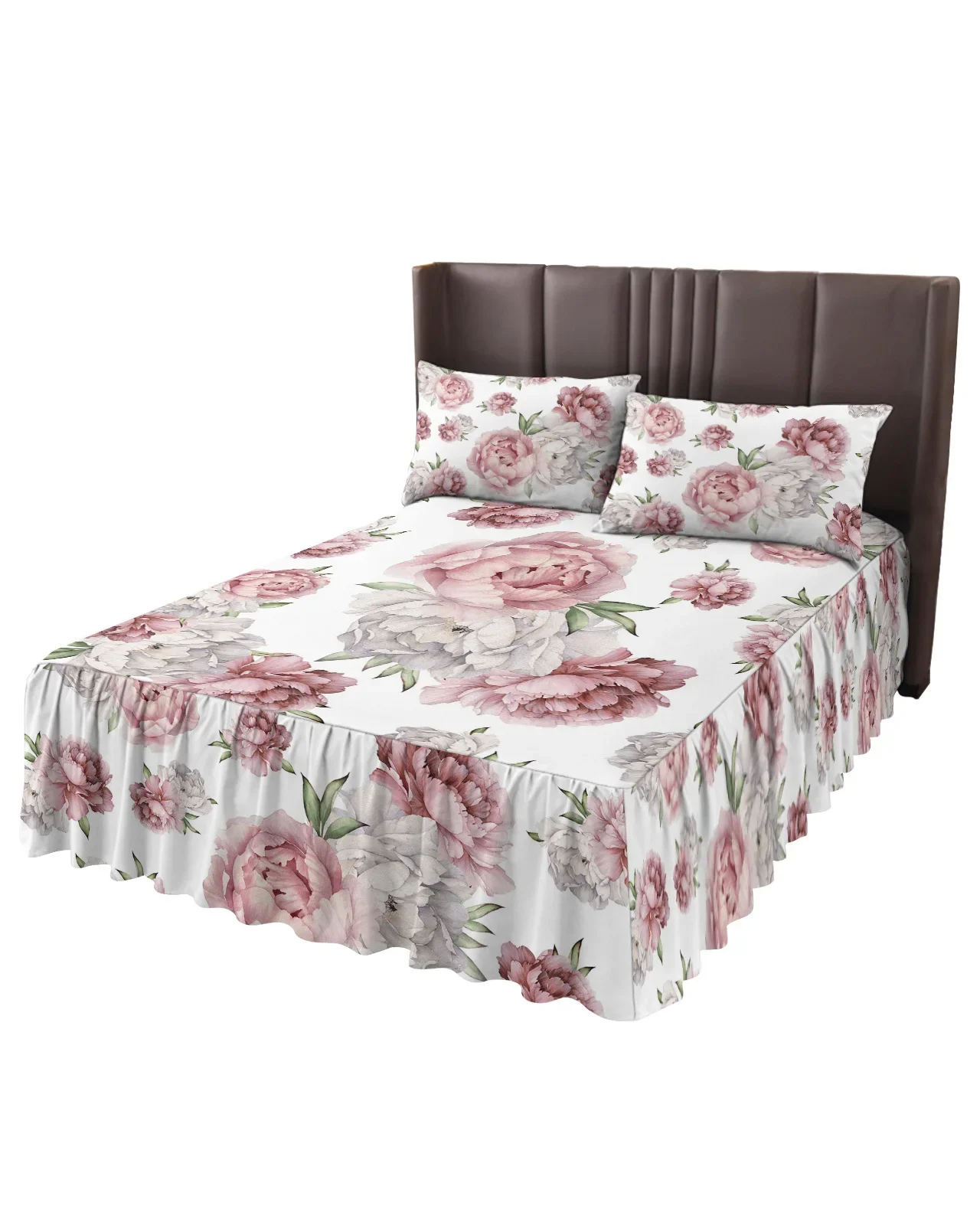 Imagem -02 - Colcha Elástica Equipada com Fronhas Flores Vintage Rosa Saia de Cama Branca Peônia Capa de Colchão