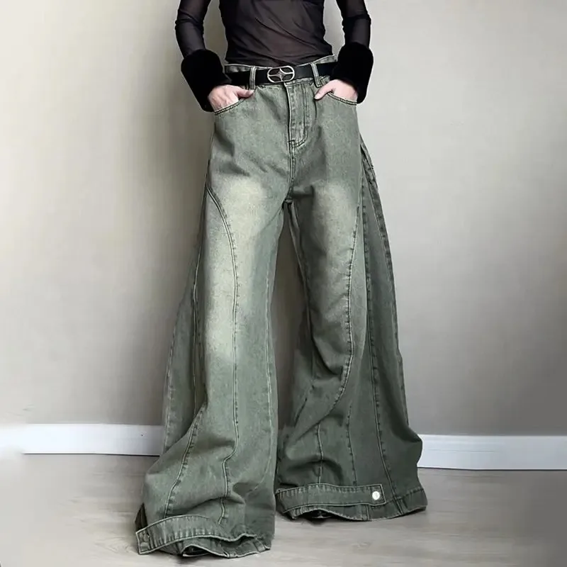 Celana Kargo Denim Segmen Tua Fashion Retro Amerika Celana Jeans Kasual Harajuku Jalanan Longgar Pinggang Rendah Celana Lebar Uniseks Wanita