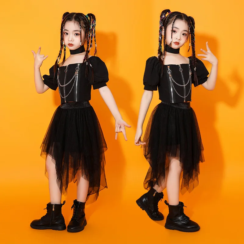 Set pakaian kostum anak perempuan, pakaian dansa Jazz Anak leher persegi hitam lengan pufly, atasan Crop ritsleting, Choker rok kasa untuk anak perempuan