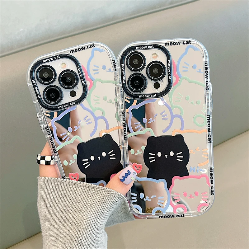 Plating Mirror Painted Lines Cute Cat Phone Case For iPhone 14 13 11 12 15 16 Pro Max Soft Bumper Silicone Hard Cover Capa