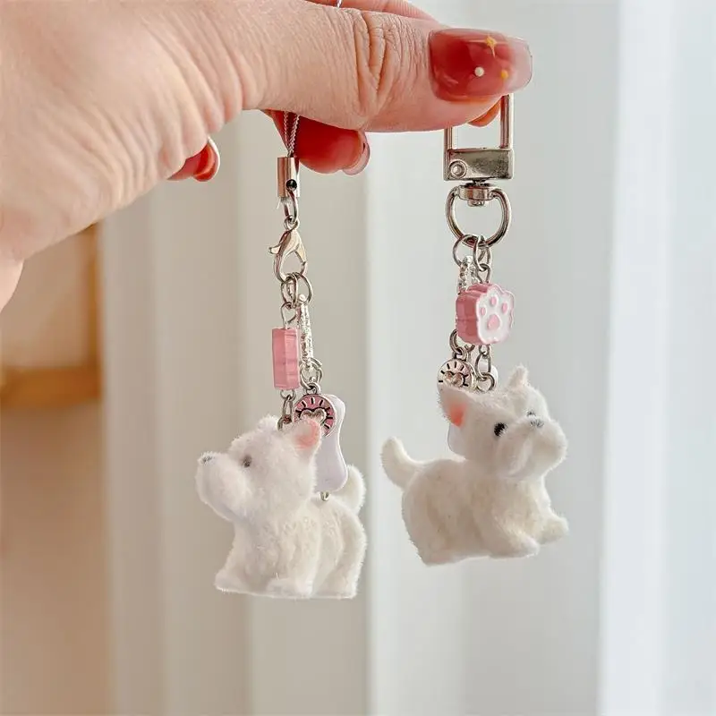 Cute Cartoon Lovely Animal Flocking West Highland Puppy Keychain Pendant Backpack Ornaments Bag Lanyard Phone Chain Couple Gifts