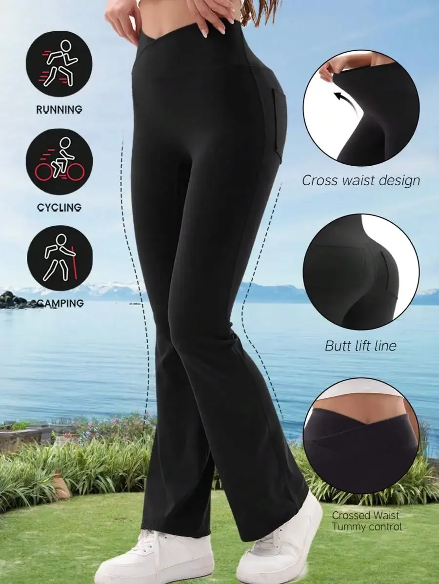 

Women's Sexy Pocket Cross-Waist Flared Pants ,High Waist Flared Pants Daily Fitness Sports Leggings, Yoga Leggings
