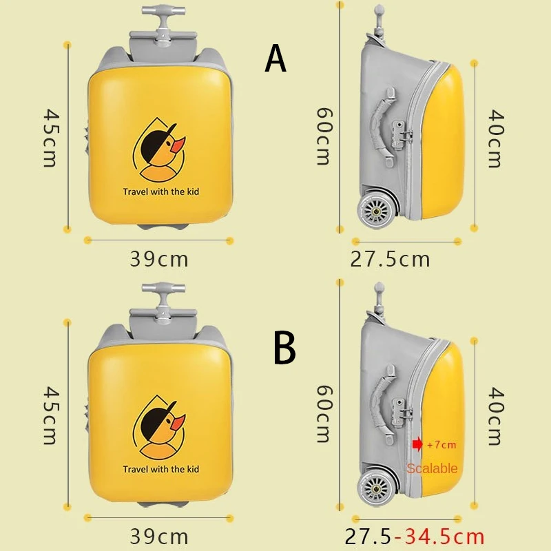 어린이용 카툰 라이딩 기내 수하물 2024, 어린이 트롤리 박스 확장 스쿠터, 가드레일 여행 가방, 롤링 옐로우