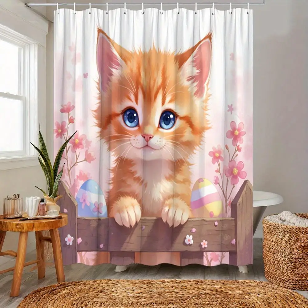 

Cute Cat Bathroom Shower Curtain Pink Floral Watercolor Animals Polyester Waterproof Shower Curtain for Kids Home Decor