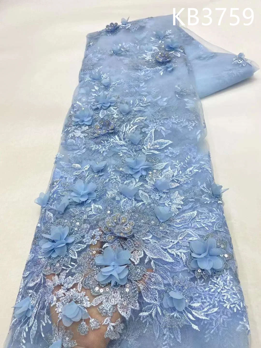 Sky Blue 3D Flower Beaded Lace Fabric Africa Lace Wedding Dress 2024 Nigerian Royal Blue 3D Flower Lace Fabric for Sewing KB3759