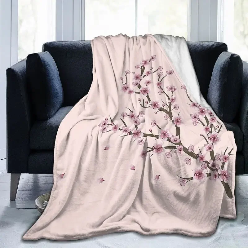 Japanese Sakura Cherry Blossom Print Flannel Throw Blanket Warm Ultra-Soft Micro Fleece Blanket for Bed Couch Sofa Living Room