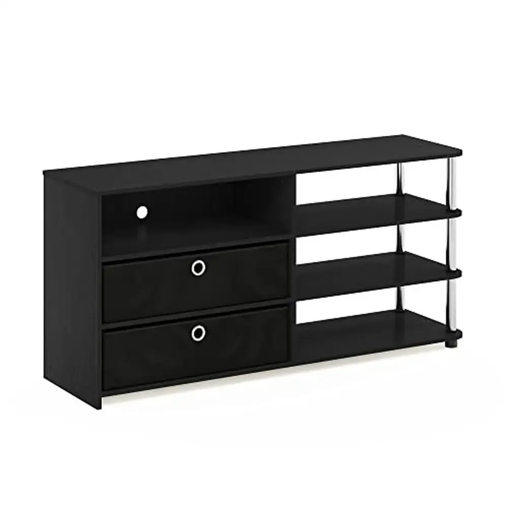 TV Stand with Open Storage Shelves 55-inch Flat Screen Panel Americano Chrome Black Engineered Wood Stainless Steel Rectangular