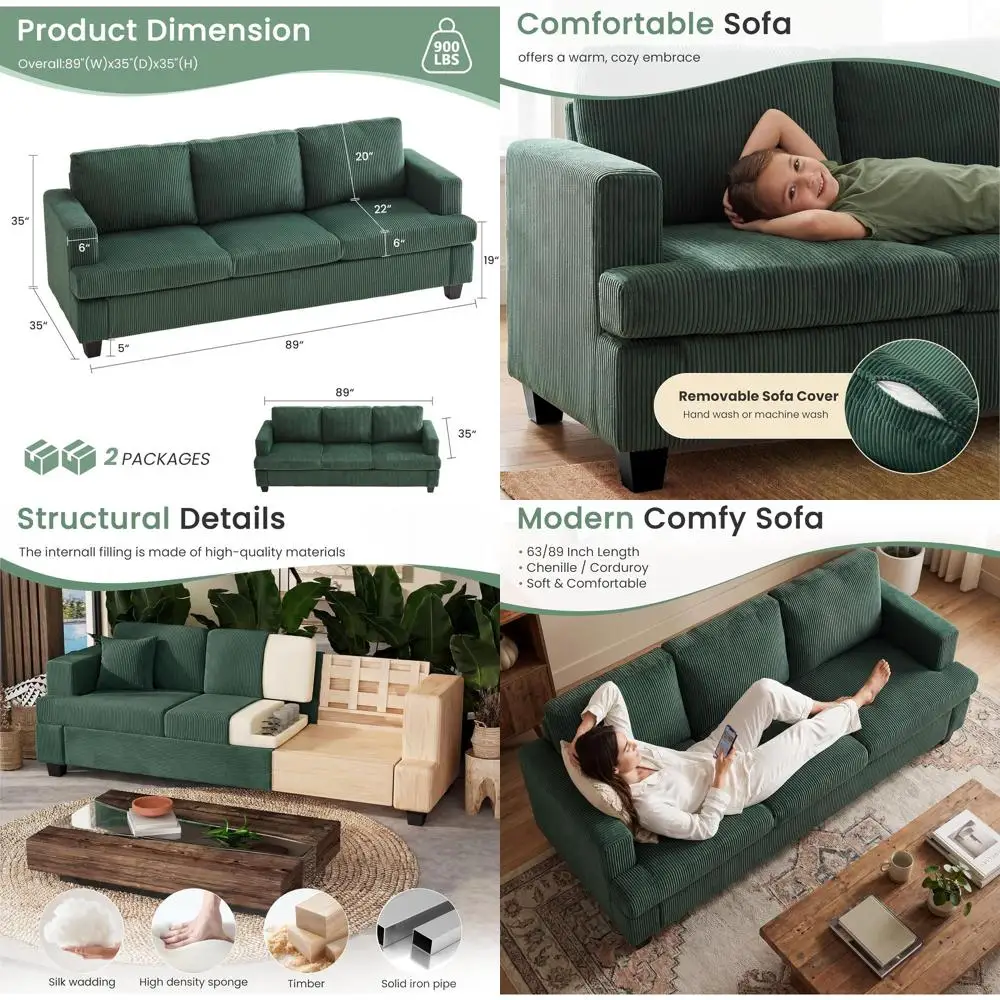 

Green Corduroy 2-Piece Sofa Set: 3-Seater Couch and Loveseat with Deep Seating for Enhanced Comfort