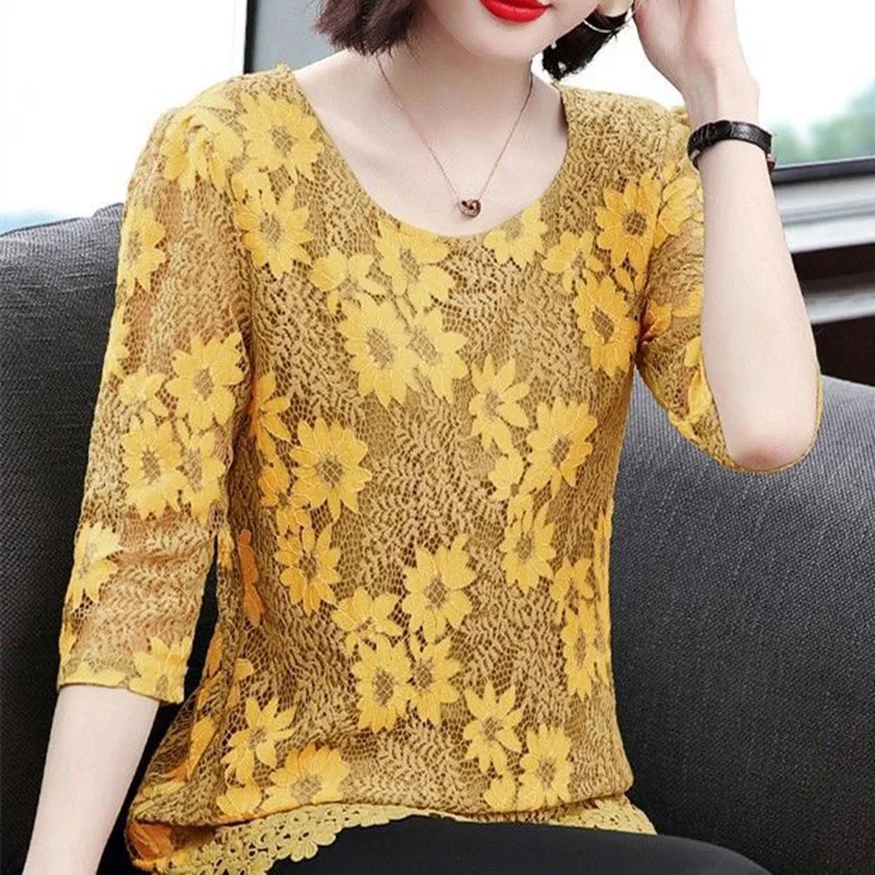 Elegant O-Neck All-match Ruffles Lace Blouse Women\'s Clothing 2023 Autumn New Oversized Casual Pullovers Loose Office Lady Shirt