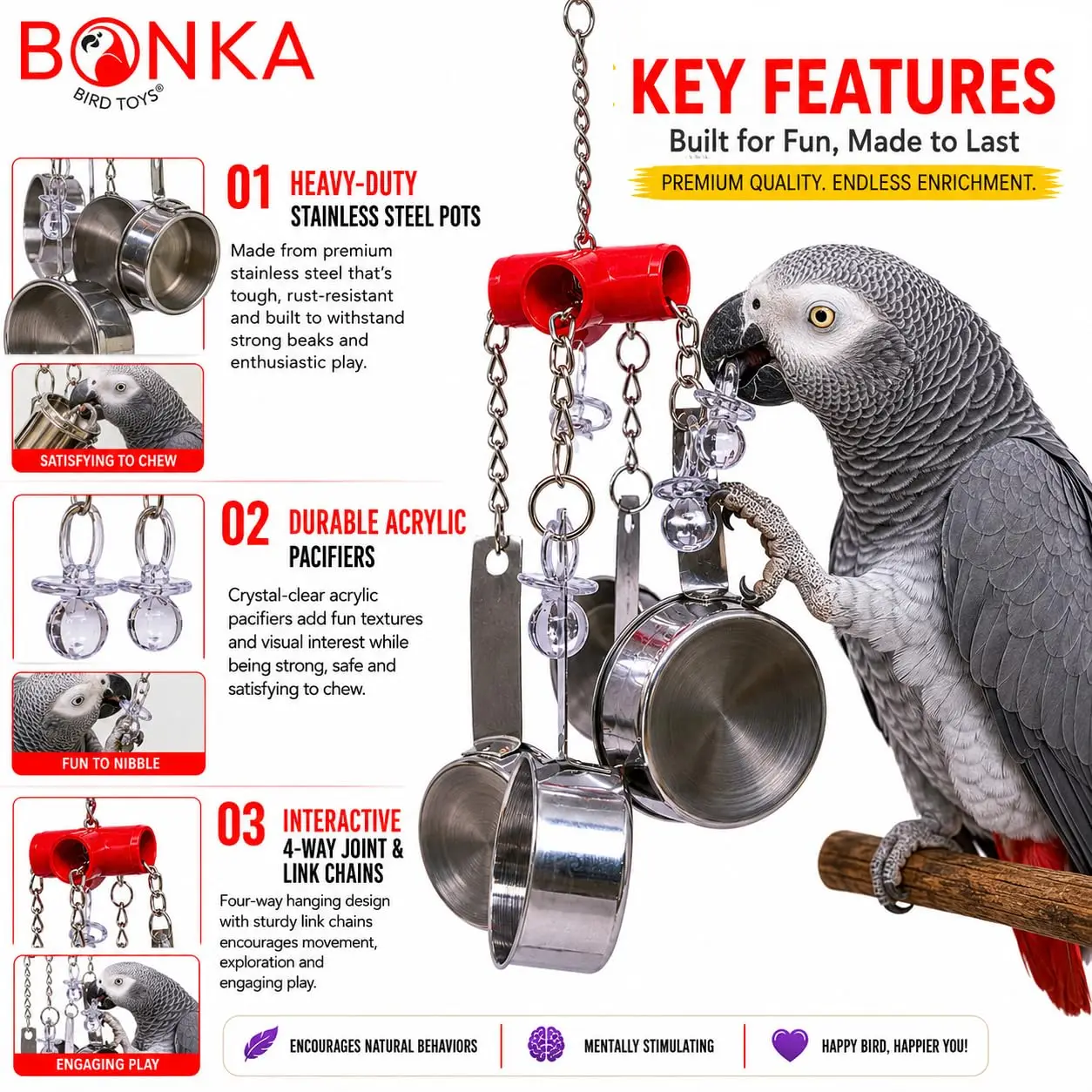 Christmas Clacker  Colorful Durable Stainless Steel Pullable Parrot Macaw African Grey Cockatoo (Single Clacker, Red)