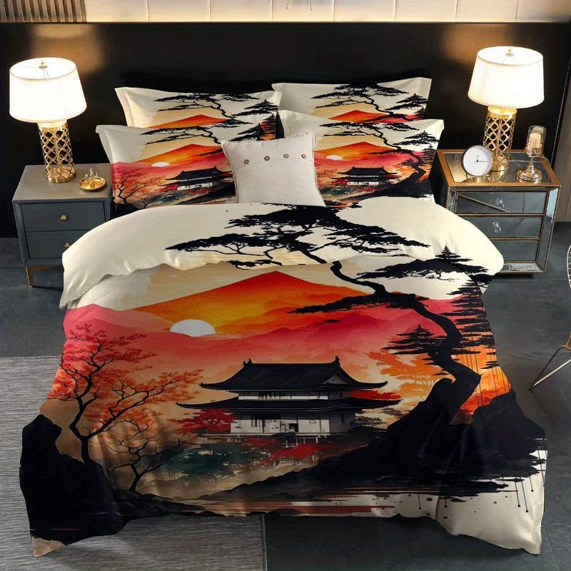 Soft Duvet Cover Set of Three, 2D Flat Printed Duvet Cover Set, Bedding Set with Japanese Mount Fuji Sunset Print, Machine Washable, Invisible Zipper, Large Duvet Cover Set, Bedding Set Quilt Cover