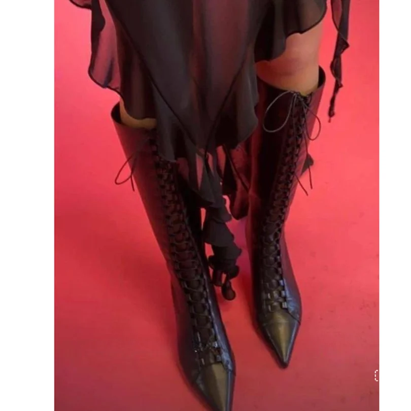 

Black Cross Band Punk Style Boots Pointed Toe Solid Matte Leather New Fashion Women Party Dress Boots 2025 Zapatos Para Mujere