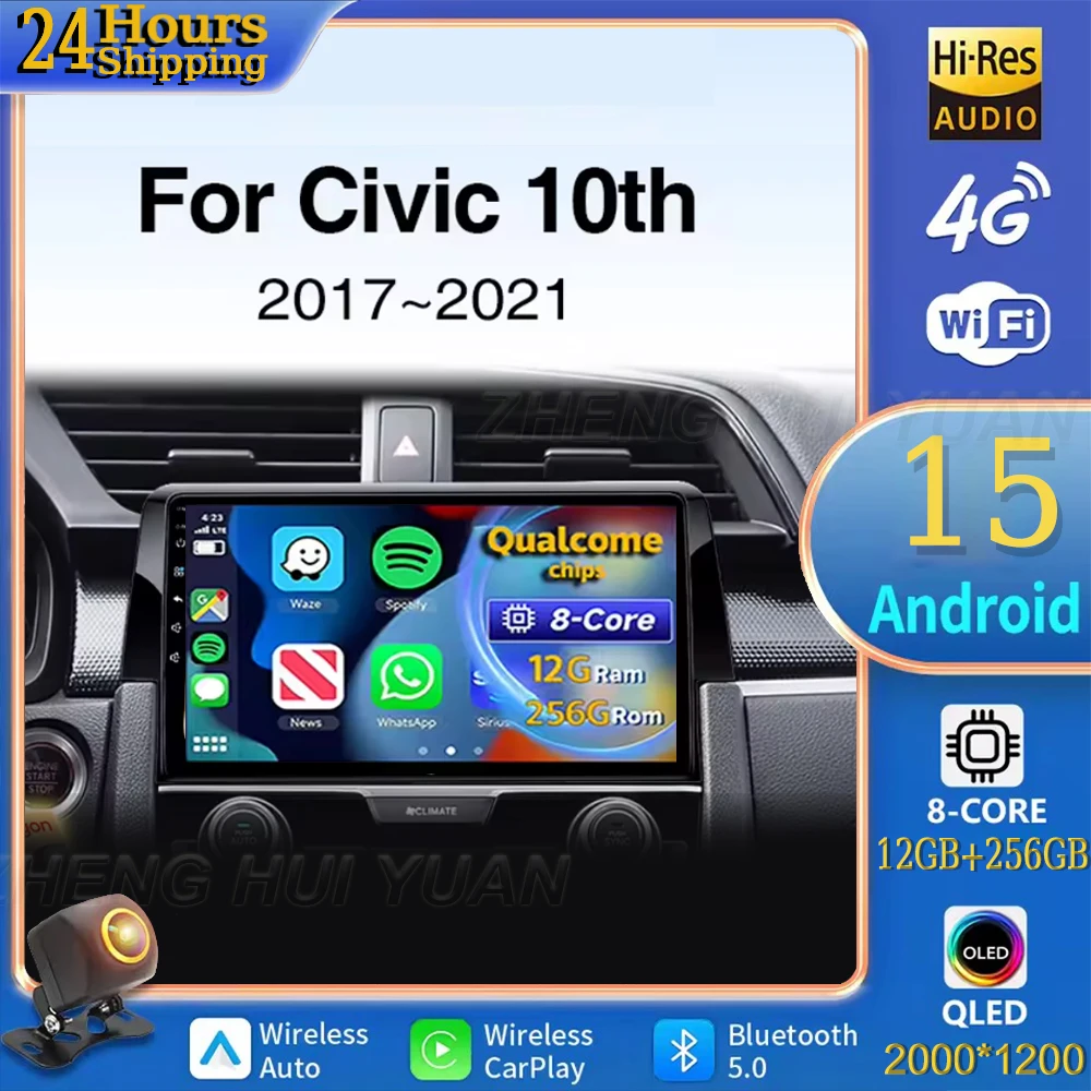 

Для Honda Civic 10 2015 2016 2017 2018 2019 2020 2021 Android 15 Автомобильный радиоприемник Мультимедийный плеер Android Auto Carplay Head Unit Na