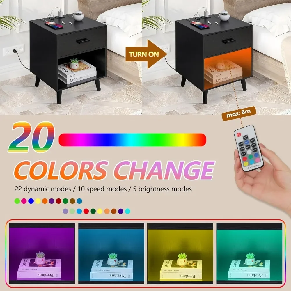 Nightstands Set of 2, Nightstand with Charging Station & LED Light, Night Stands with Drawer for Bedroom