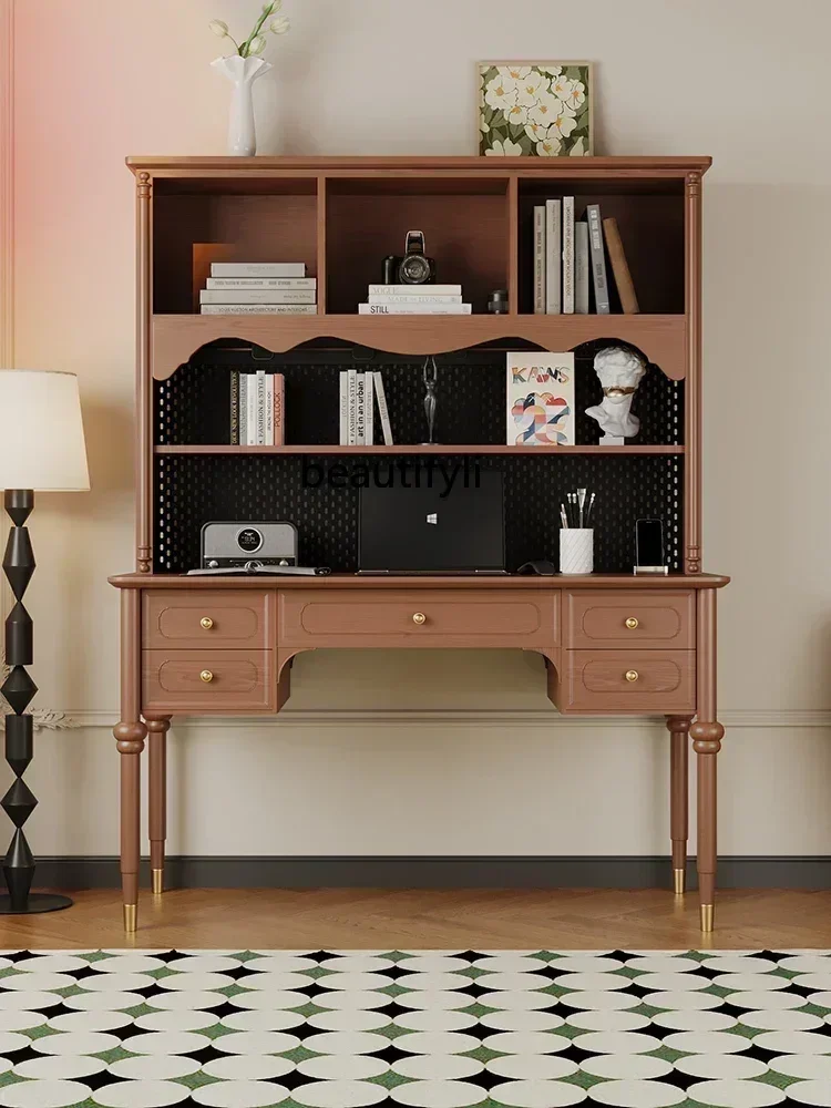 Middle Ancient   Solid Wood Desk Bookshelf Integrated Table Storage Rack with Wire-Wrap Board
