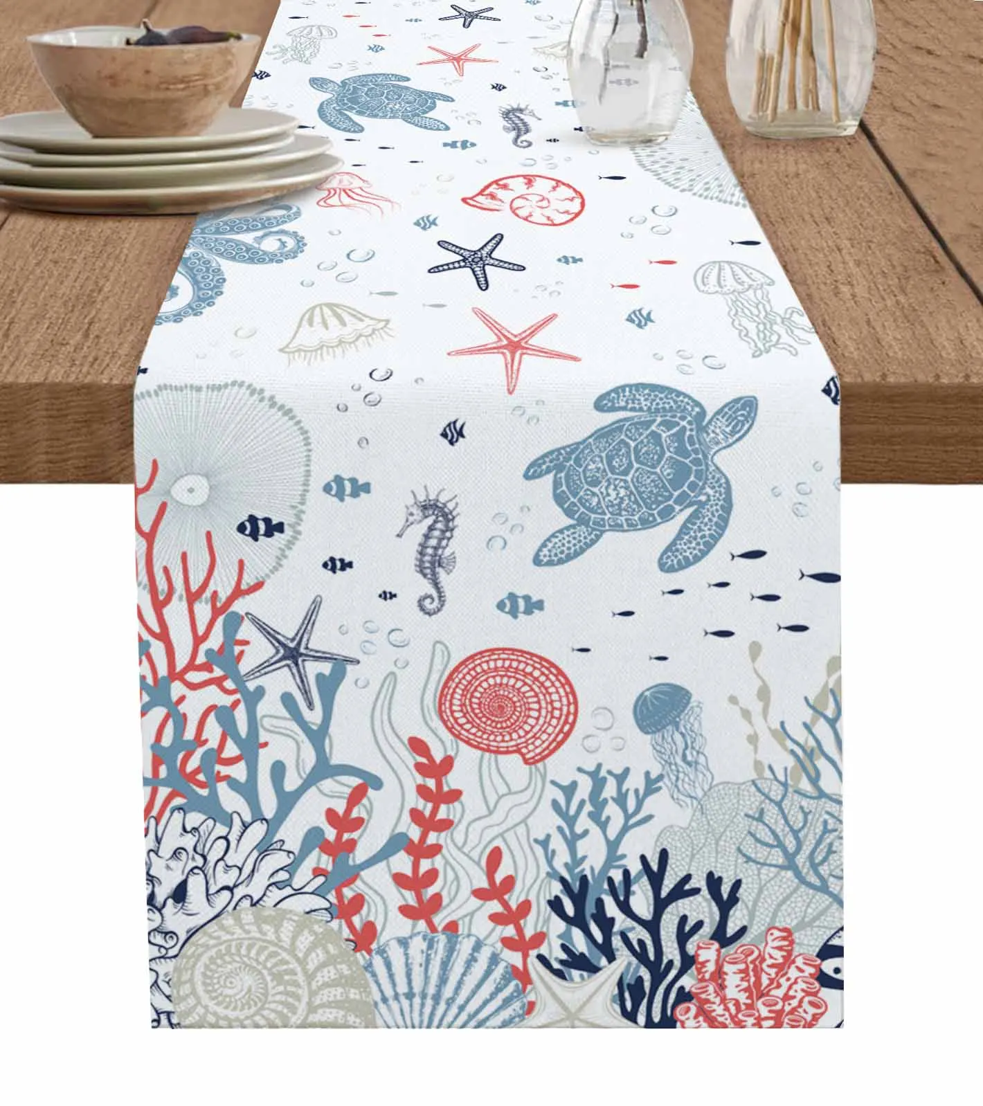 

Summer Sea Life Coral Sea Turtle Table Runner Wedding Decor Table Runner Holiday Dining Table Decor Linen Tablecloth