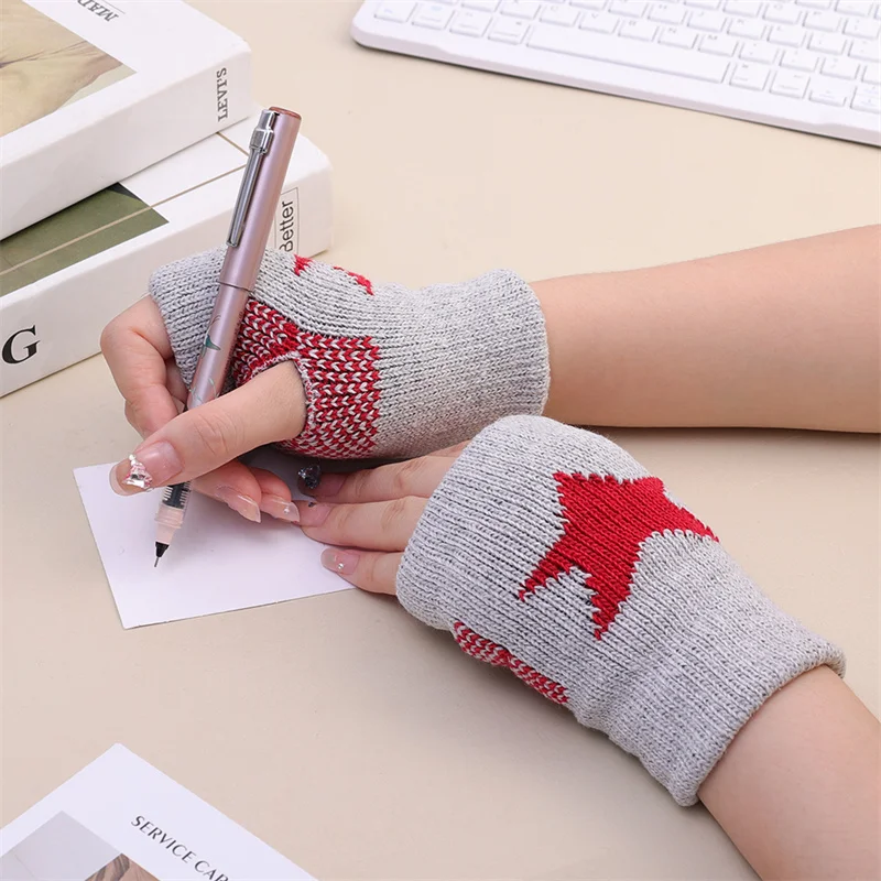 Punk Y2K Star Knitted Woolen Gloves Fashion Men Women Pentagram Half Finger Warm Soft Mitten Five Pointed Star Fingerless Gloves