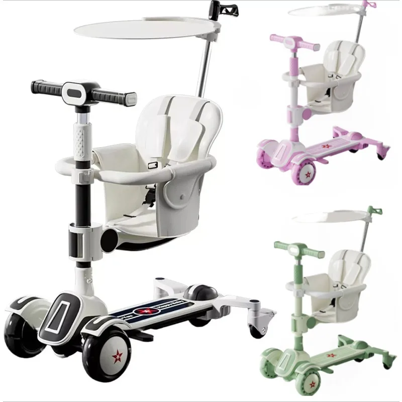 

6 in1 Kids Scooter with Height Adjustable Push Handle Flash Wheels Music & Light Guardrail Canopy Hidden Footrest Baby Stroller