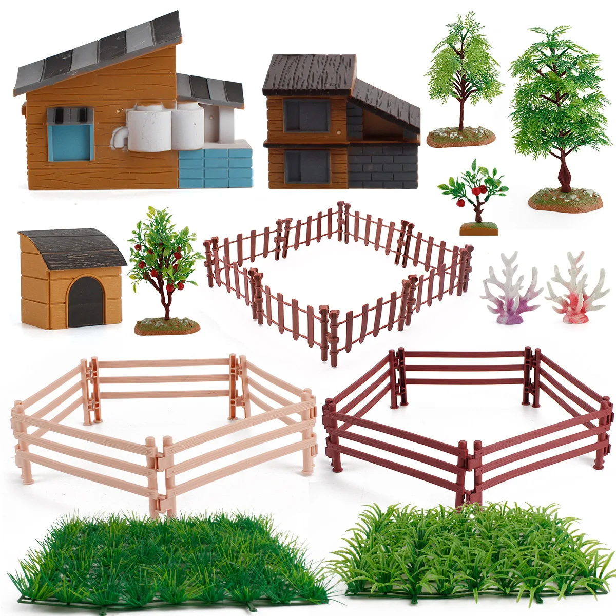 1set Mini Farm Scene Model Kit Decoration Set Miniature House Trees Grass Fence Pasture Decorations Micro Landscape Sand Table