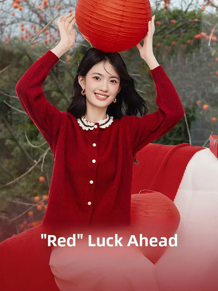 

Red Lace Trim Knitted Open Cardigan Faionable New Year's Wardrobe Base Layer irt Inner Wear Sweater for Women Autumn Season