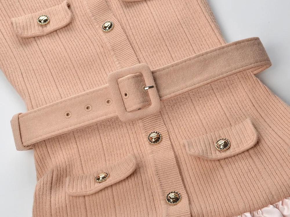 가짜 투피스 싱글 브레스티드 니트 롱 드레스 여성용 가을 봄 골드 버튼 핑크 스웨터 새틴 미디 드레스