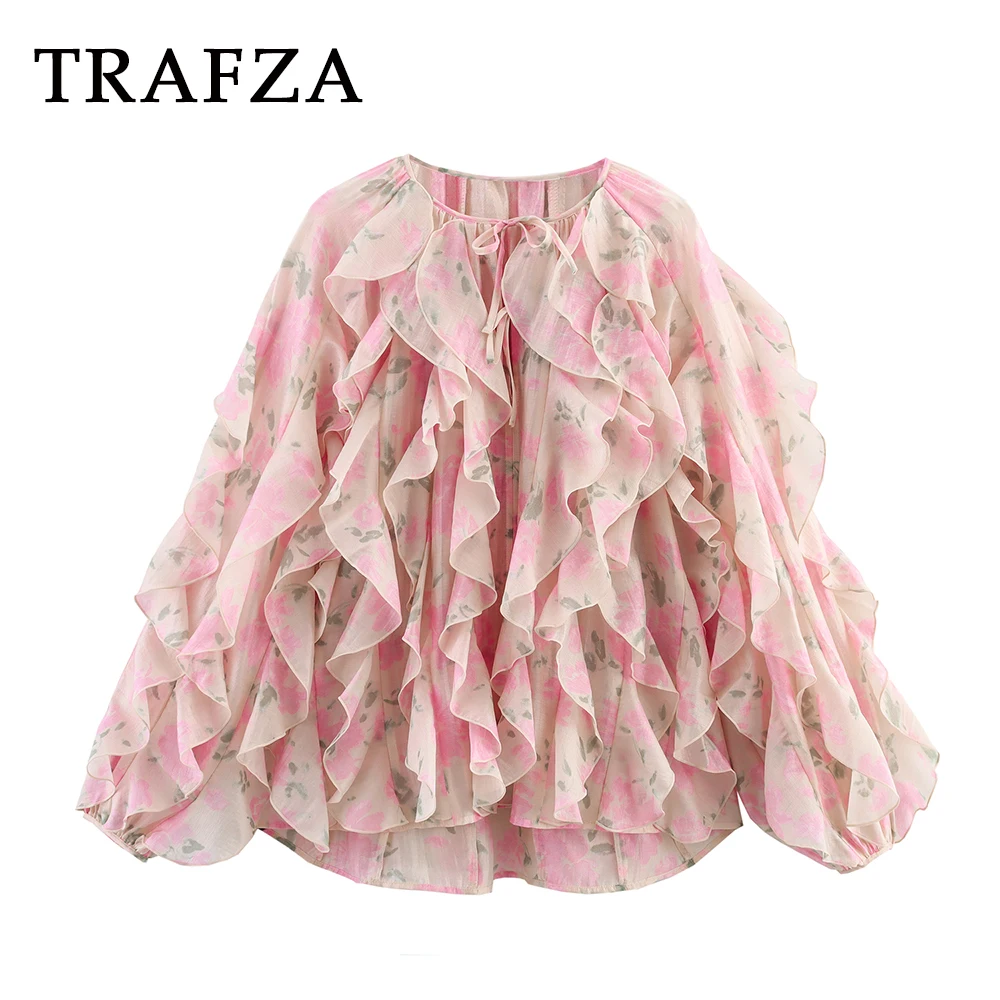 

TRAFZA Chic Floral Lace-up Tierred Woman‘s’ Shirt Vintage Elegant Loose Blouse Fashion 2025 Summer Party Pink Print Casual Shirt