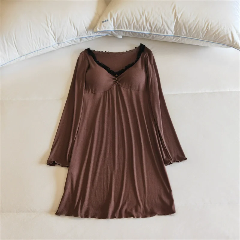 

Modal Nightgown Women Chest Cup Pajamas Dress Sleepwear Nightie Autumn Long Sleeve Nightwear Women's Sleeping Clothes