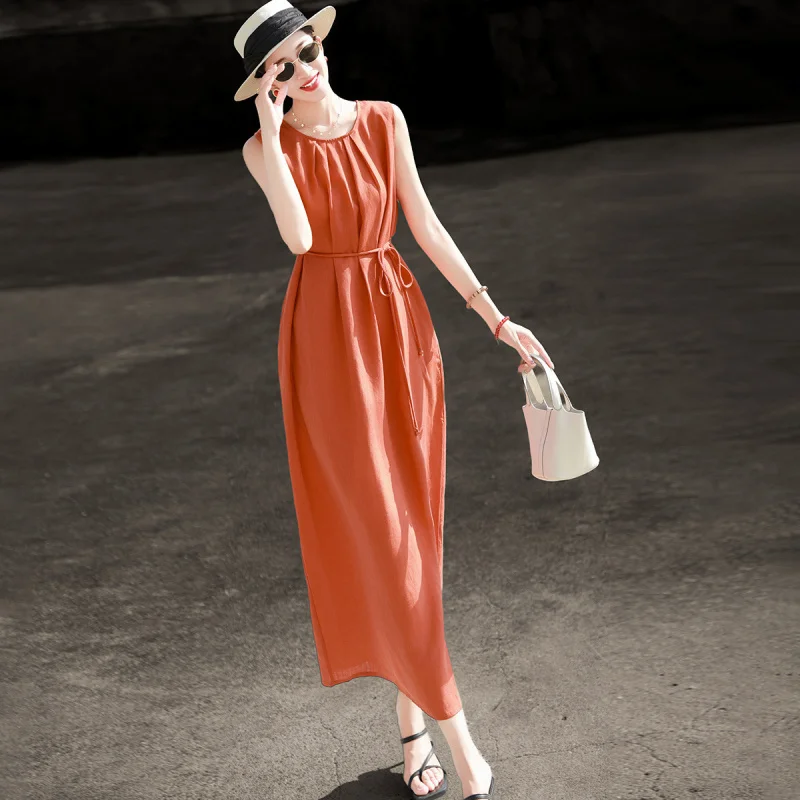 MEXCOCO 2026 Summer New Sleeveless Maxi Dress Round Neck Drawstring Waist Split Hem Loose Flowy Vacation Long Dress