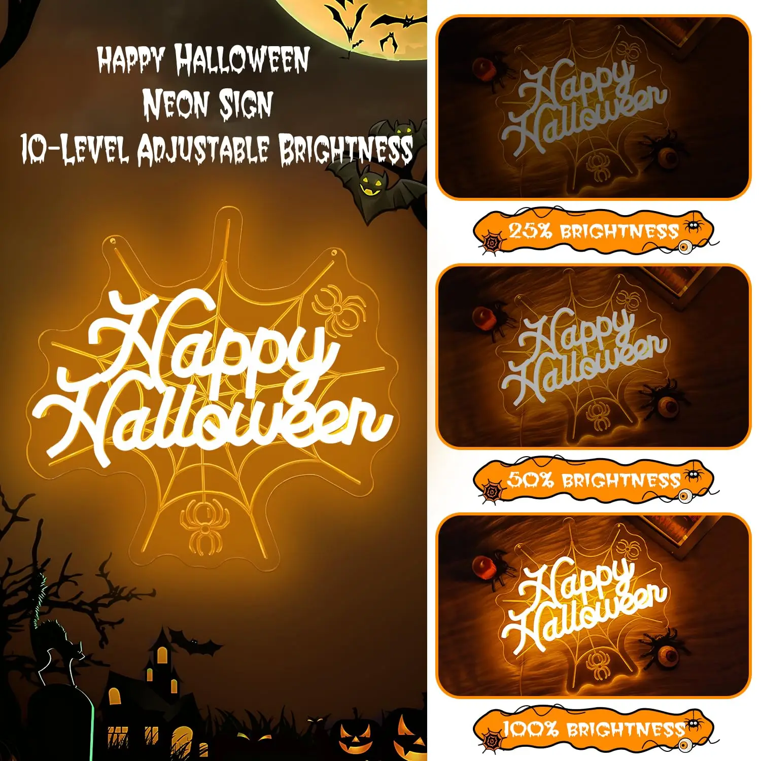 Happy Halloween LED Neon Sign for Wall Decor 3D Spider Web Glowing Gothic Light Up Party 5/12V USB power with Dimmable Switch