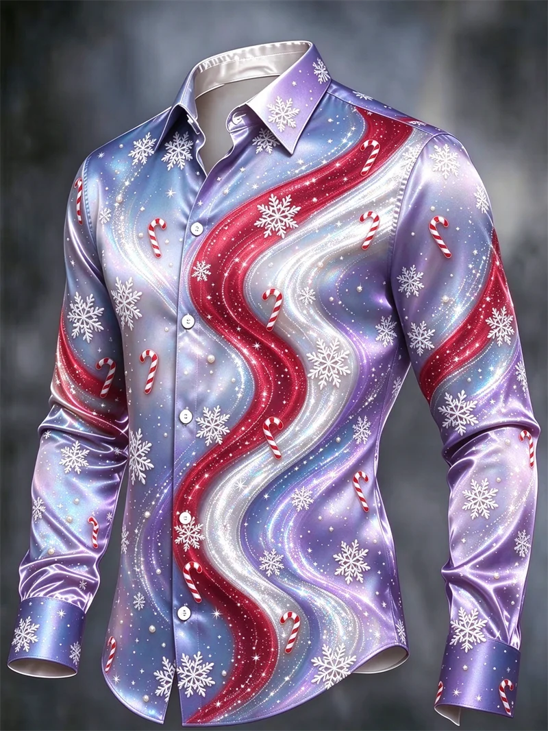 New men's shirt with copper brown white satin, red and black diagonal brush, gold snowflake cane candy print shirt