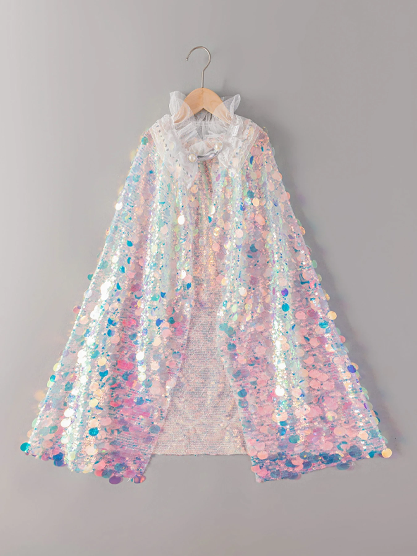 

Girls gradient pink fantasy sparkly sequin cape with button details, perfect for Halloween, stage performances, theme parties