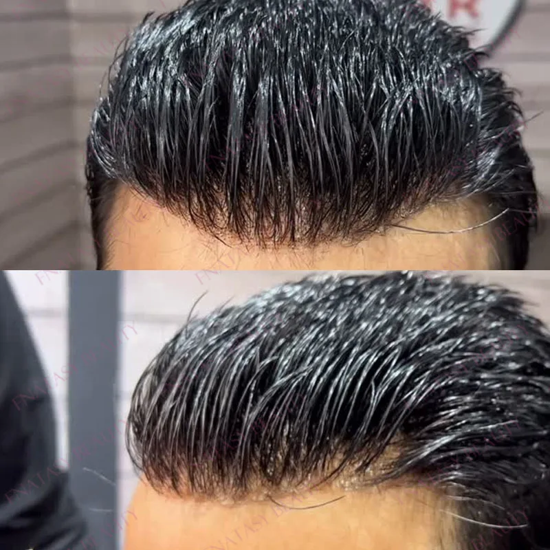 

Bleached Knots Breathable Q6 French Lace Front PU Base Black Man's Human Hair Natural Hairline Toupee Durable Grey Hair System
