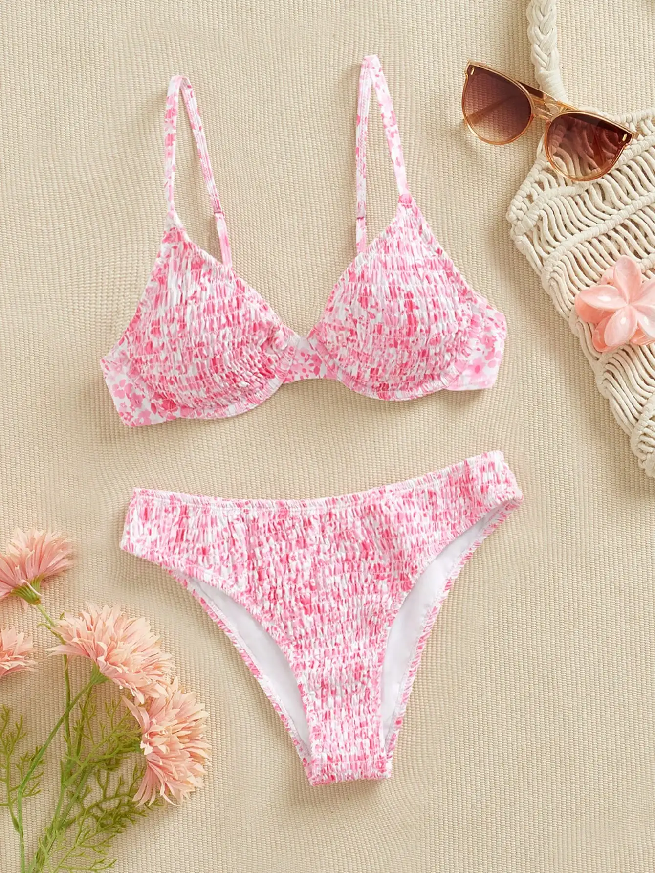 

Women's Floral Print Smocked Bikini Set For Beach Vacation Summer