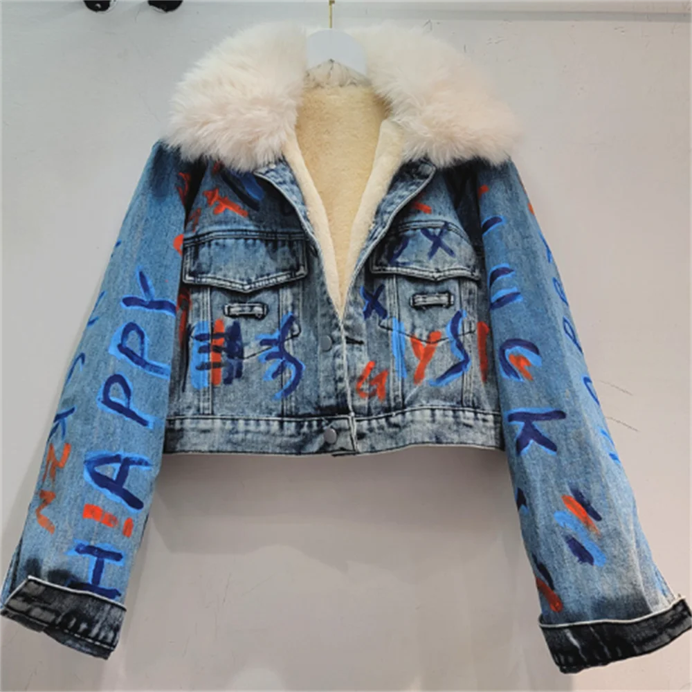 

Hand-painted graffiti short denim coat women winter new fur warm jacket