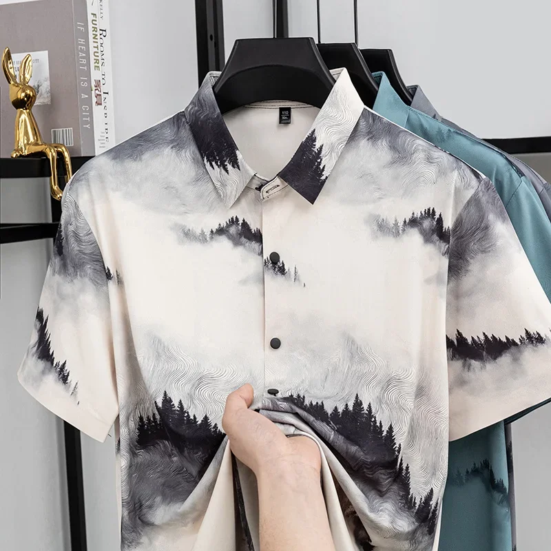 

Mens Forest Pattern Short Sleeve Shirt Loose Fit Casual Business Button Up Lapel Collar Soft Breathable Fabric For Daily Office
