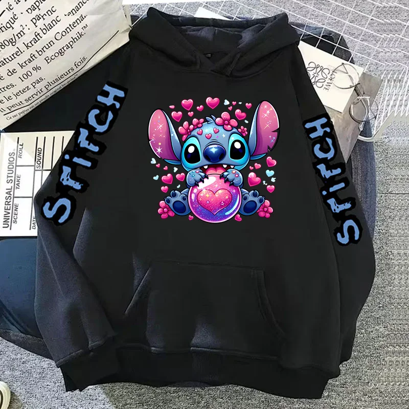 Mulheres Disney Cartoon Stitch Imprimir moletom com capuz, manga comprida com capuz, roupas Hip Hop, roupas Y2K