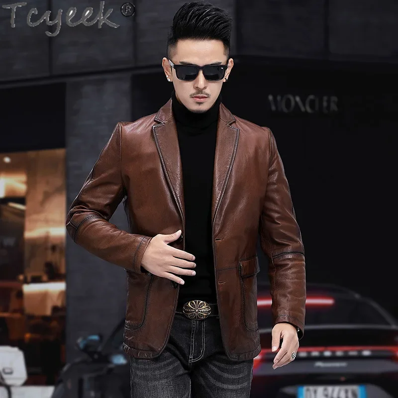 

Tcyeek Genuine Leather Jacket for Men Spring Autumn Clothes Real Sheepskin Coats Men's Suit Jackets Black Leather Coat 2024