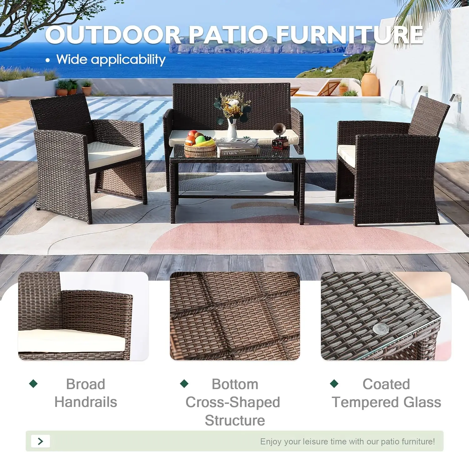 طقم محادثة للفناء مكون من 4 قطع، أثاث فناء خارجي، روطان أسود + أزرق مع وسادة زرقاء #4