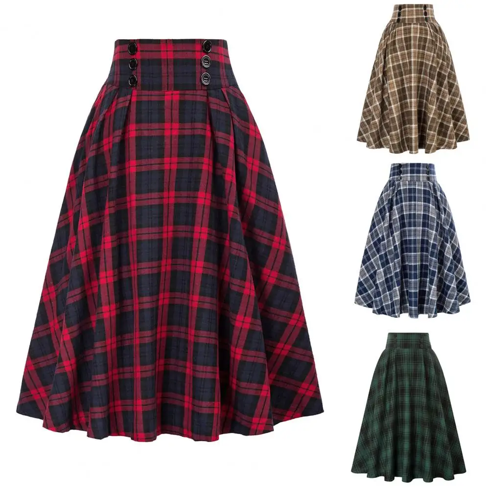 

Women Plaid Skirt Elegant Colorblock Plaid Maxi Skirt with Retro Ruffle Detail Soft Pockets Women's High Waist A-line for Party