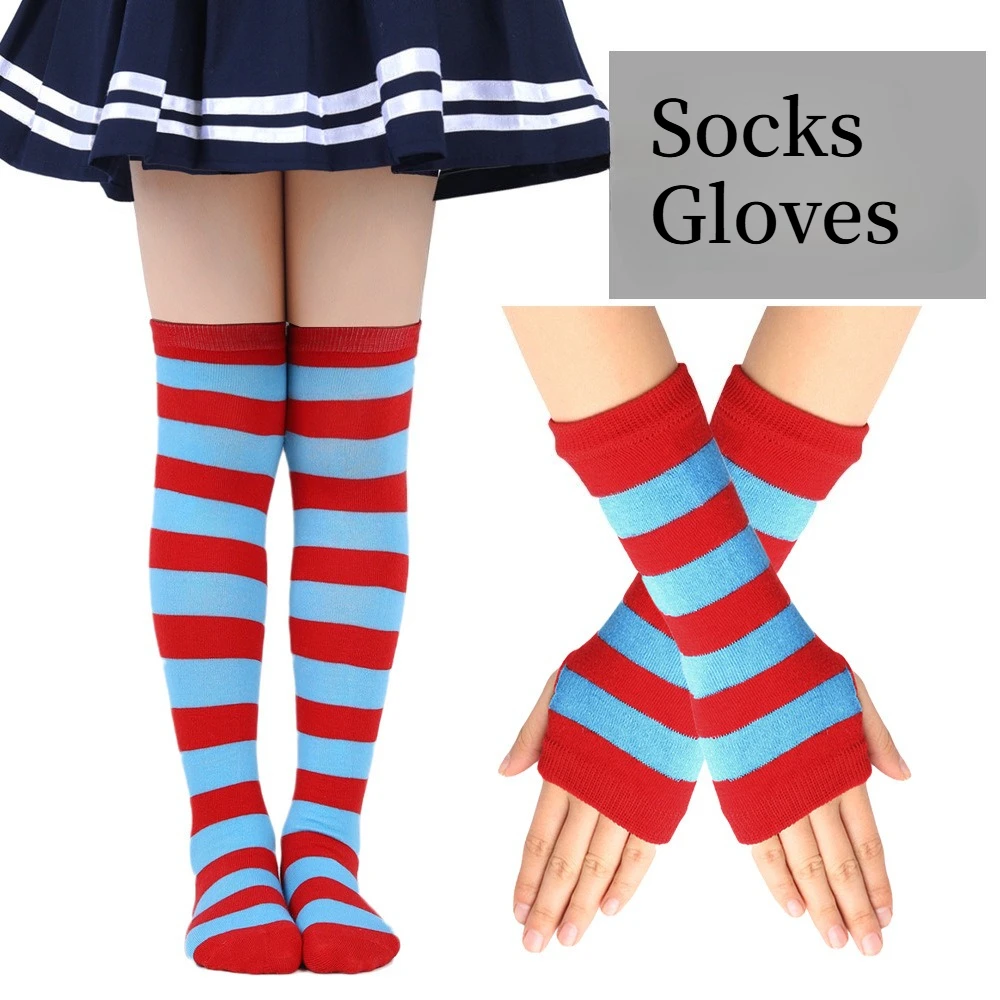 Kids Striped Gloves Thigh High Socks Set Children Dance Performance Outfit Party Stage Dress Up Accessories Daily Matching Suit