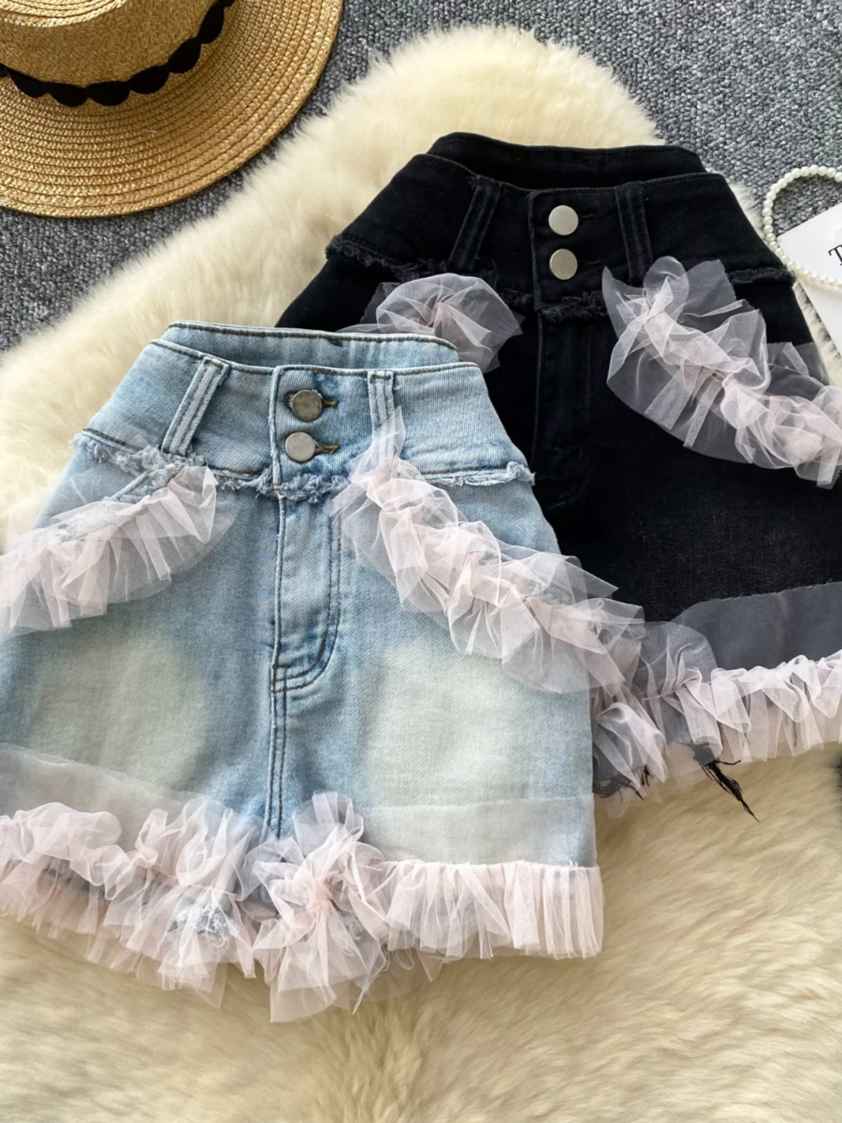 

American Sle Spicy Girl High Waist ort Jeans Women's Small Size Versatile Design 3D Lace Slimming Butt Lifting Hot Pants