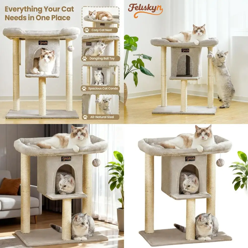 

Домашнее кошачье дерево с большим окунем и пещериной, современная альпинистская мебель для котят высотой 28, светло-серый