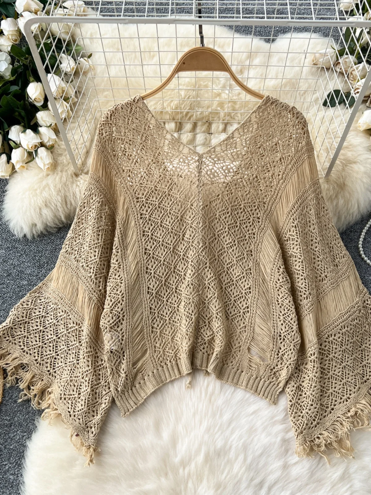 Beach Cover up Knitted Long Sve Hollow out Belted Trousers Women's Summer Faion Outerwear Loose Fit Korean Sle Top
